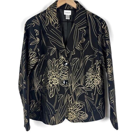 CHICO'S Dressy Black/Gold Embroidered Single Breasted Blazer Jacket Size 12 - Picture 1 of 8